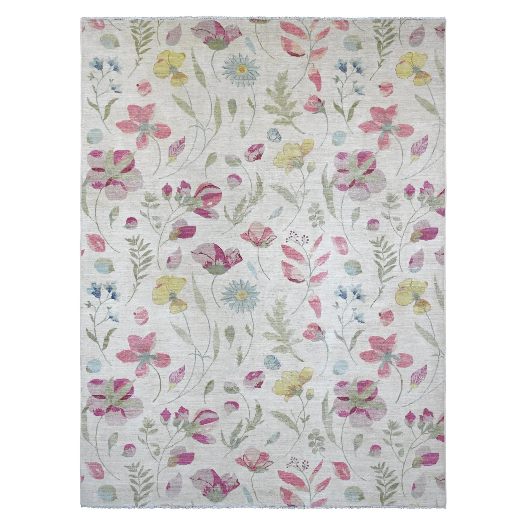 9'x11'9" Pearl White, Peshawar with Colorful Botanical Garden Design, 100% Wool, Hand Knotted, Oriental Rug 
